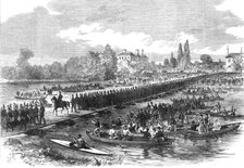 The Volunteer Review at Windsor: volunteers crossing the pontoon bridge over the Thames..., 1868. Creator: Unknown.