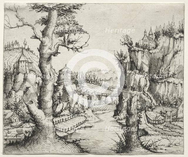 River Landscape with rocks at left ana at right, 1546. Creator: Augustin Hirschvogel (German, 1503-1553).