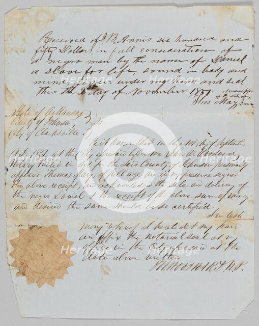Bill of sale for a man named Daniel to Jerome B. Annis, November 1, 1851. Creator: Thomas May.