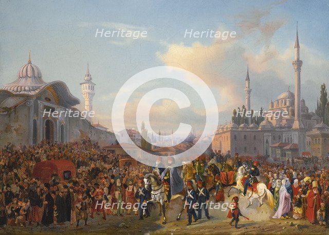 Sultan Mahmud II Leaving The Bayezid Mosque, Constantinople, 1837. Artist: Mayer, Auguste (1805-1890)