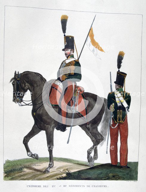 Uniforms of the 12th and 16th Regiment of Chasseurs, France, 1823.  Artist: Charles Etienne Pierre Motte