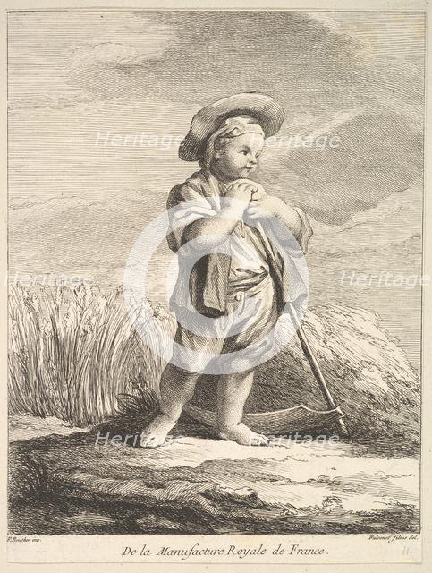 Little boy with a scythe, from Premier Livre de Figures d'après les porcelaines de la Manu..., 1757. Creator: Pierre Etienne Falconet.