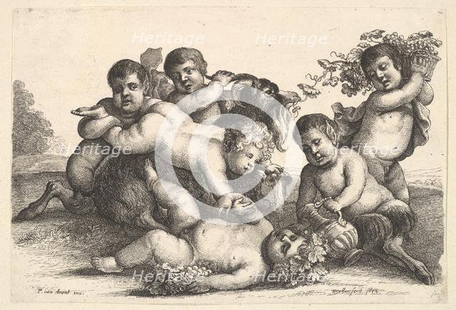 Four boys, two satyrs and a goat, 1654. Creator: Wenceslaus Hollar.