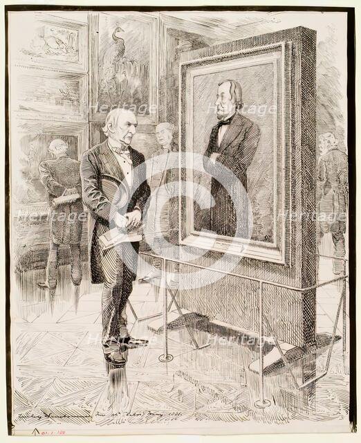 W.E. Gladstone Looking at a Portrait of Disraeli, Lord Beaconsfield, by Sir J.E. Millais, 1881. Creator: Edward Linley Sambourne.