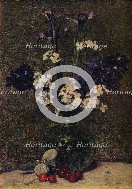 'Vase of flowers, with Cherries and Almonds on the table, Nature morte; Irises, Delphinium hybrids a Artist: Henri Fantin-Latour.