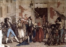 Anonimous engraving of the 18th century with the final scene of the play 'Manolo', one-act comedy…