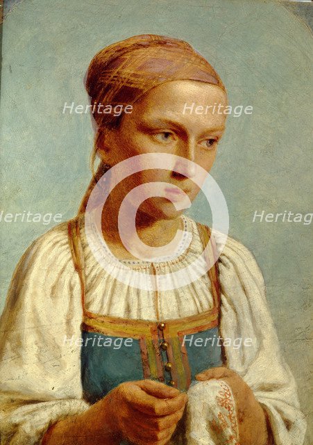 Embroidery Country Girl, 1843. Artist: Venetsianov, Alexei Gavrilovich (1780-1847)
