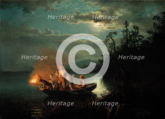 Night spear fishing on the Krøderen Lake. Artist: Gude, Hans (1825-1903)