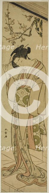 Woman on a Veranda About to Open a Love-letter, Japan, mid-late 1770s. Creator: Shunsho.