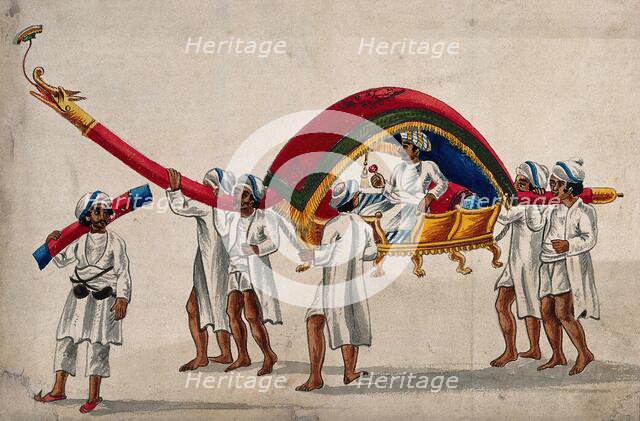 A man is being carried in a litter on the shoulders of four men. Creator: Unknown.