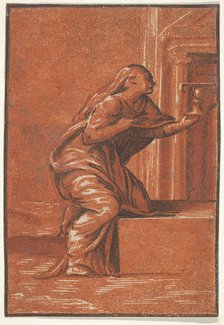 Female personification of Faith who kneels raising a chalice in her left hand, af..., ca. 1520-1560. Creator: Unknown.