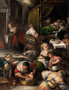 The birth of the Virgin. Creator: Bassano, Francesco da Ponte, 1549-1592 (Follower of).