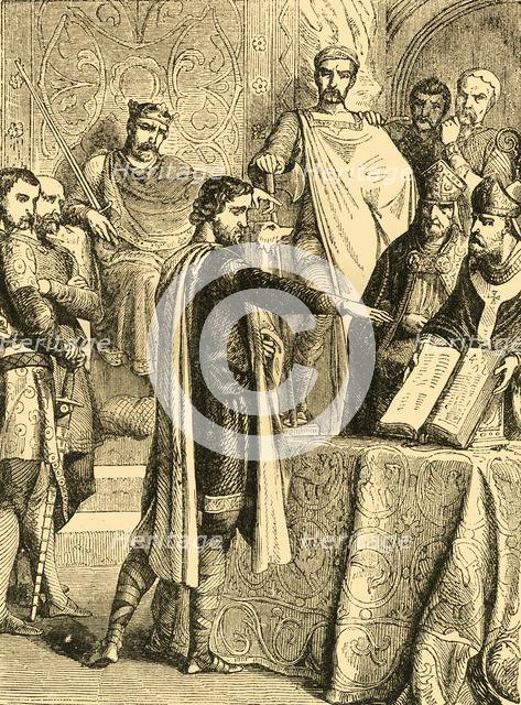 'Harold swearing to maintain the Right of the Duke of Normandy to the Throne of England', c1890. Creator: Unknown.