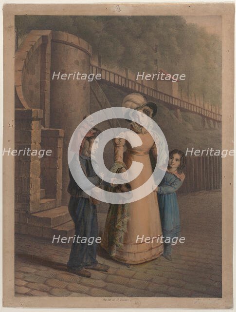 Boy with a monkey on his shoulder receiving coins from a mother and daughter, 1803-40. Creator: Charles Louis Constans.