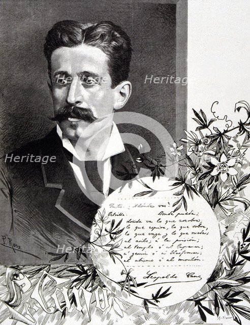 Leopoldo Cano (1844-1934) Spanish writer, engraving by A. Riquer in Ilustración Artistica de Barc…