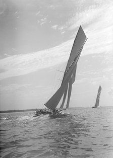 The towering sails of the 15 Metre yacht 'Istria' sailing close-hauled, 1911.  Creator: Kirk & Sons of Cowes.
