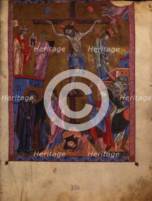 The Crucifixion (Manuscript illumination from the Matenadaran Gospel), 1268.