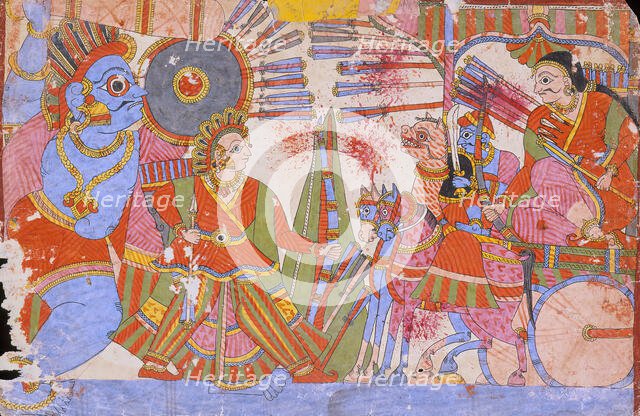 Vrishaketu and Bhima Fighting Yavanatha, Scene from the Story of Babhruvahana..., c1850. Creator: Unknown.