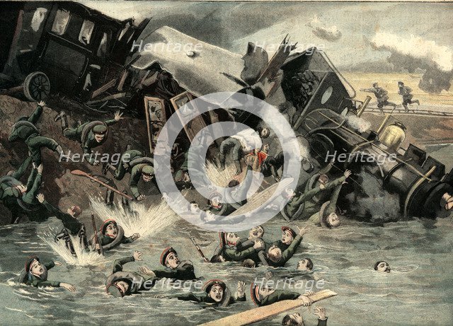 Derailment of a Russian military train, falling into the river Dornat, the train carried infantry…