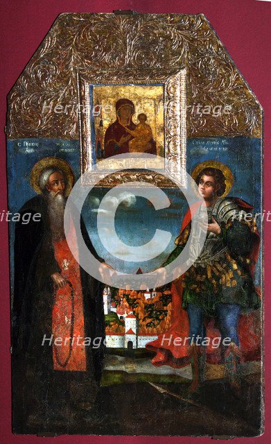 The Virgin Hodegetria of Smolensk with Saints Abraham of Smolensk und Mercurius of Smolensk, 1722. Artist: Russian icon  