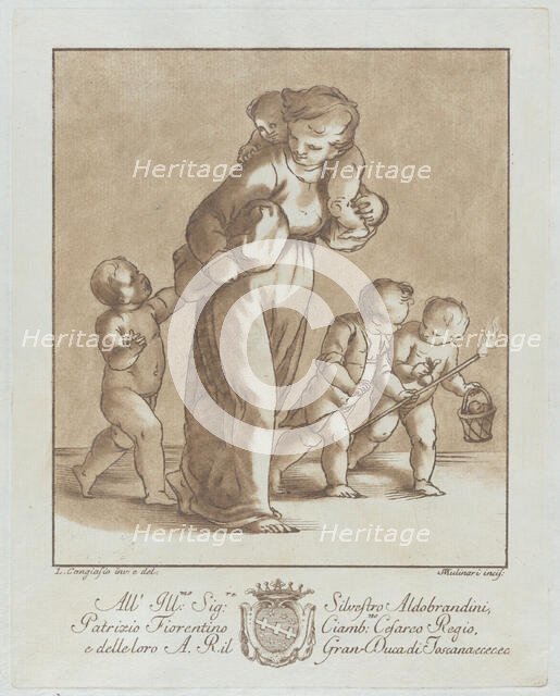 A young girl walks towards the left with one infant on her shoulder and holding anothe..., ca. 1780. Creator: Stefano Mulinari.