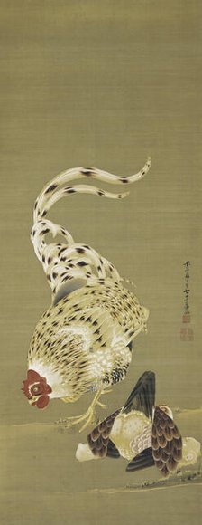 Rooster, Hen and Chickens, 1789. Creator: Jakuchu, Ito (1716-1800).