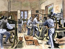 Inside the shoe factory of Mr. Soldevila, soles cutting department, in 1874, colored engraving in…