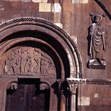 Collegiate Church of San Isidoro, (Leon), Door of Forgiveness, tympanum with Christ on the Cross,…