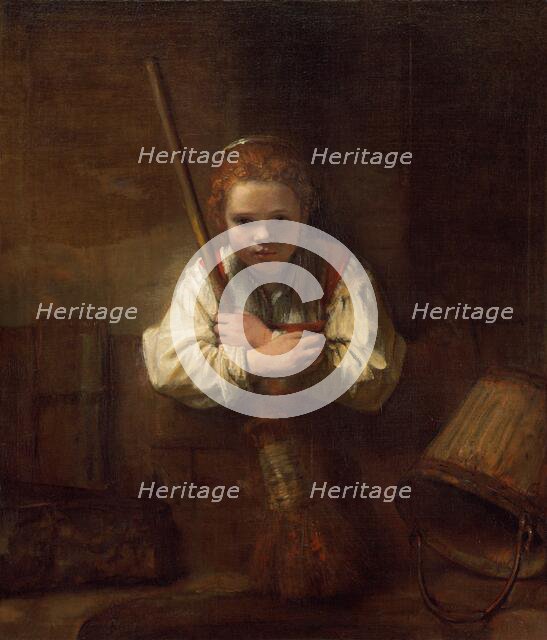 A Girl with a Broom, probably begun 1646/1648 and completed 1651. Creators: Carel Fabritius, Workshop of Rembrandt.