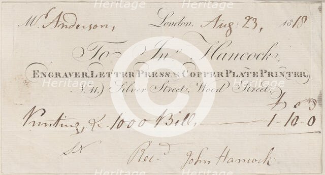 Trade Card for John Hancock, Engraver and Printer, 19th century. Creator: Anon.