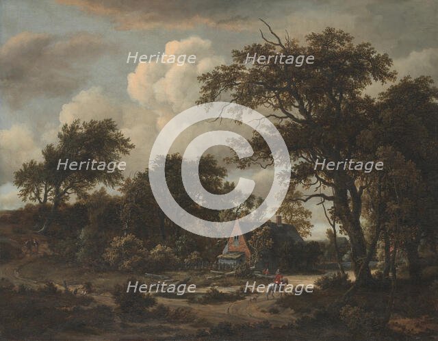 Wooded Landscape with Cottage and Horseman, 1663. Creator: Meindert Hobbema.