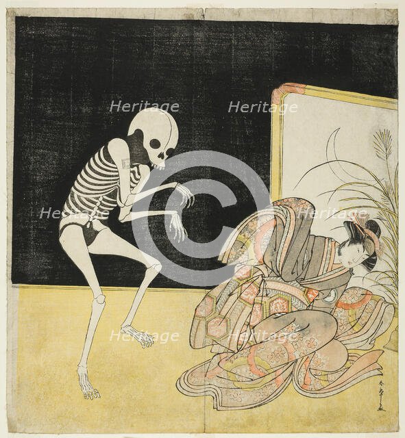 The actors Ichikawa Danjuro V as a skeleton, spirit of the renegade monk Seigen (left), an..., 1783. Creator: Shunsho.