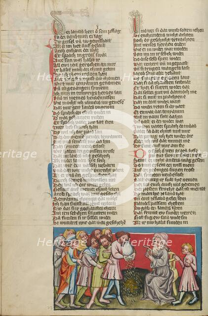 The Discovery of the Gold Hidden in the Corn Bags; Weltchronik, about 1400-1410. Creator: Unknown.