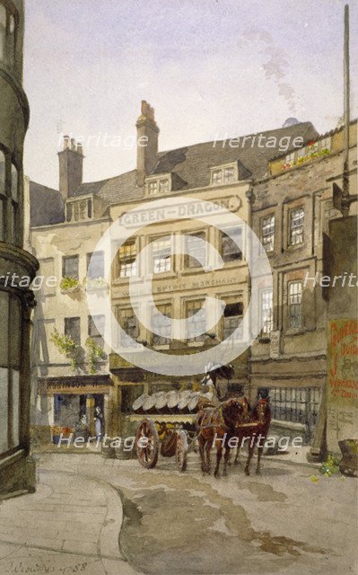 View of no 11 St Andrew's Hill and the Green Dragon Inn with a cart of barrels, London, 1888. Artist: John Crowther