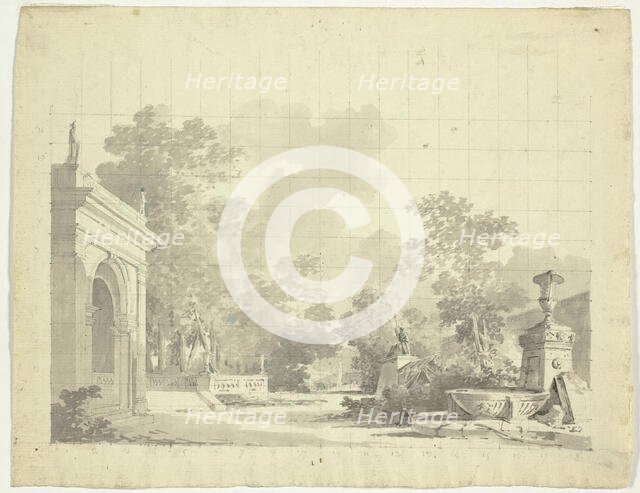 View of the Park at Versailles: Arched Entry to a Terrace, Urns and Ruined Statuary, n.d. Creator: Pierre Antoine Mongin.
