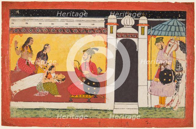 A woman faints before a prince, a night scene from a Madhavanala Kamakandala series, c. 1700. Creator: Unknown.