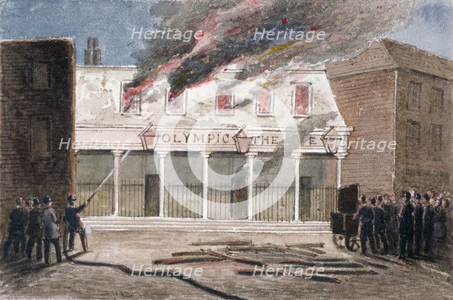 Fire at the Olympic Theatre, Wych Street, Westminster, London, 1849. Artist: J Maund