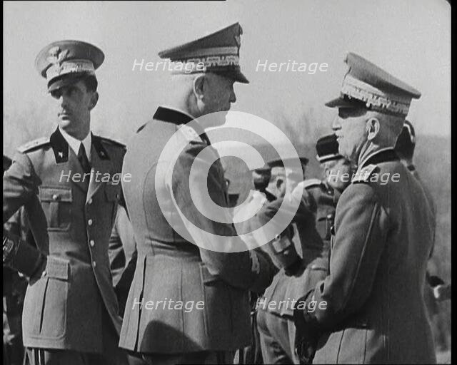 Victor Emmanuel III, King of Italy Talking to Men in Uniform, 1930s. Creator: British Pathe Ltd.