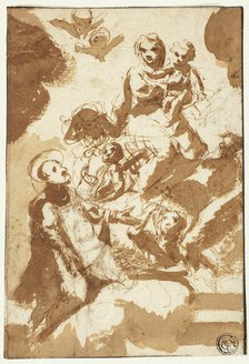 Virgin and Child on Clouds with Kneeling Male Saint (recto); Sketch of Two Female..., n.d. Creator: Unknown.