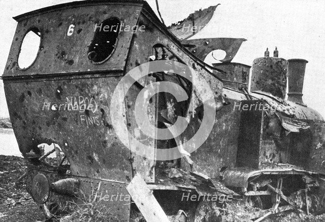 Smashed locomotive at Peronne, France, First World War, 1917, (c1920). Artist: Unknown