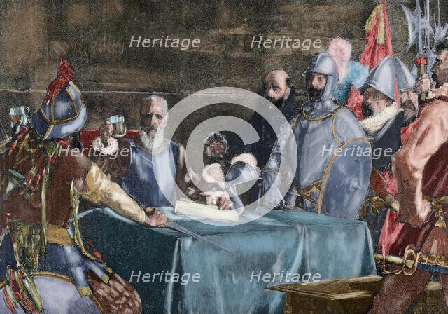 Blood Compact ceremony between Miguel Lopez de Legazpi and Sikatuna, 1565, (19th century). Creator: Unknown.