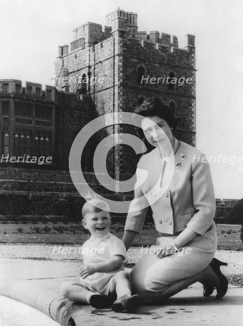 Queen Elizabeth II and Prince Andrew in the grounds of Windsor Castle, early 1960s. Artist: Unknown