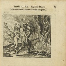 Emblem 20. Nature teaches nature to overcome fire. From "Atalanta fugiens" by Michael Maier, 1618. Creator: Merian, Matthäus, the Elder (1593-1650).
