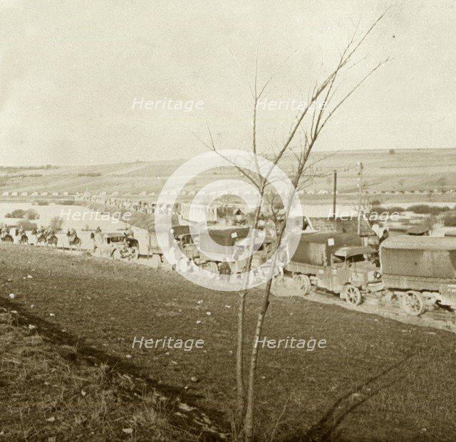 Column of trucks on the Voie Sacrée, Verdun, northern France, c1914-c1918.  Artist: Unknown.