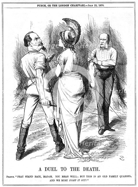 Britannia trying to restrain Napoleon III from embarking on war with Germany, 1870. Artist: John Tenniel