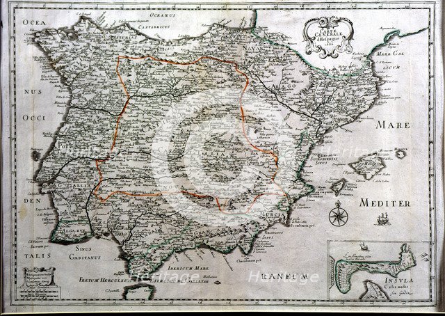 Colored map of Spain, 1682, with the island and tunny fisheries of Cadiz in a box.
