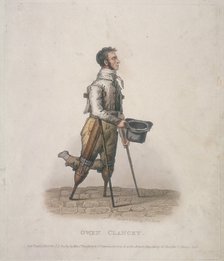 Owen Clancy, begging with his hat in hand, on crutches and with devices strapped to his legs, 1820. Artist: Thomas Lord Busby
