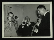 Humphrey Lyttelton, Sidney Bechet and unknown clarinetist, Colston Hall, Bristol, 1956. Artist: Denis Williams