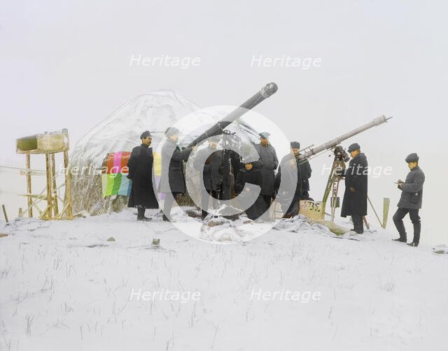 Observing a solar eclipse on January 1, 1907, near the Cherniaevo Station in the Tian-Shan..., 1907. Creator: Sergey Mikhaylovich Prokudin-Gorsky.