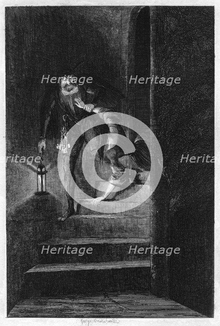 Lawrence Nightgall dragging Cicely down the secret stairs in the Salt Tower, 1840. Artist: George Cruikshank